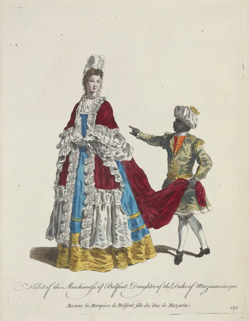 Tracht der Marquise von Belfont, Tochter des Herzogs von Mazarine, im Jahr 1700 von Charles Grignion