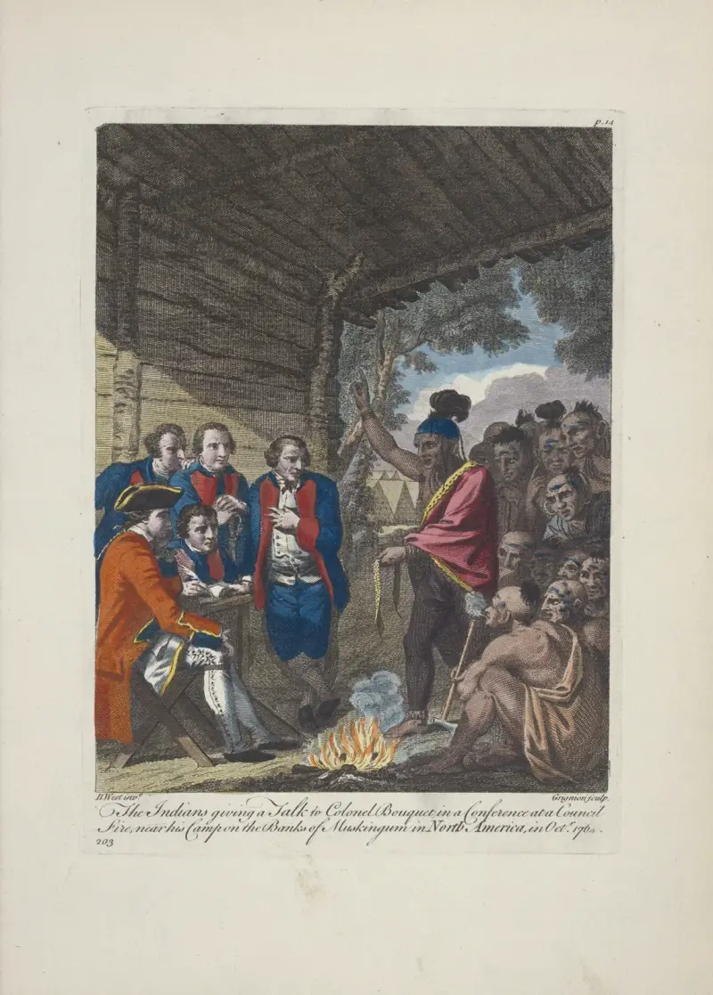 The Indians giving a talk to Colonel Bouquet in a conference at a council fire av Charles Grignion
