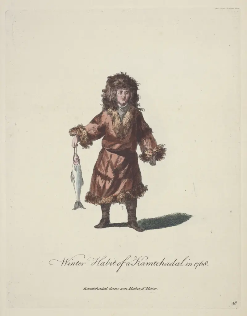 Winter habit of a Kamtchadal in 1768. Kamtchadal dans son habit d’hiver. av Charles Grignion
