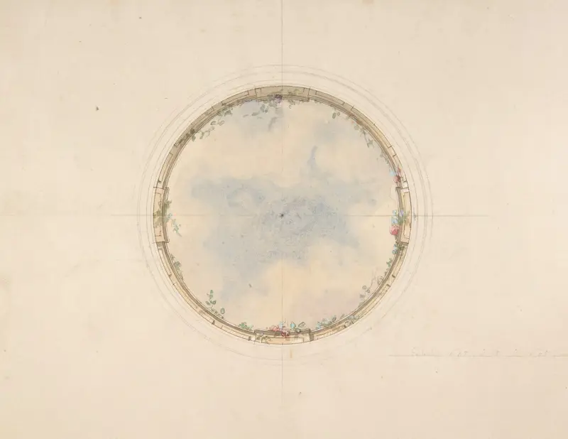 Cirkulär takdekoration med moln och rosor av Jules-Edmond-Charles Lachaise