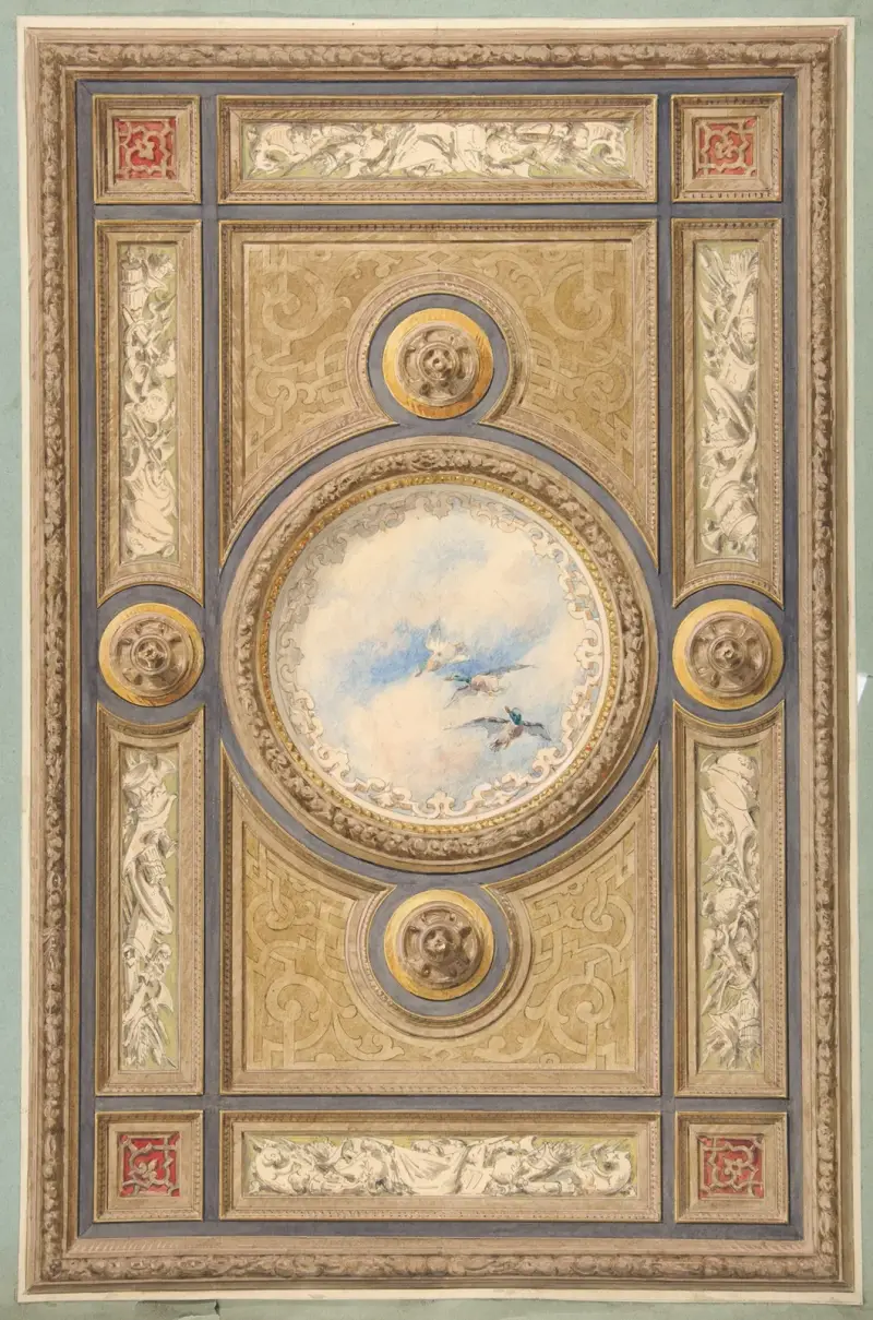 Design för ett snidat och målat tak med moln och ankor i den centrala runda panelen av Jules-Edmond-Charles Lachaise