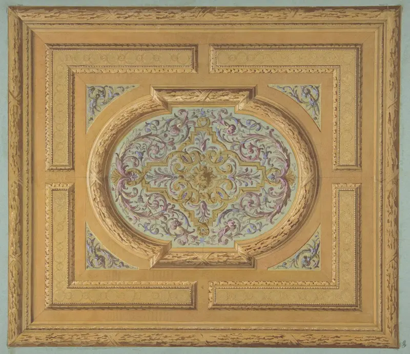 Design for a ceiling decorated with bands of oak leaves and a central panel of scrolls and rinceaux av Jules-Edmond-Charles Lachaise