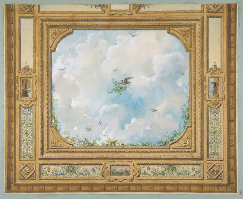 Design for a ceiling decorated with clouds and birds av Jules-Edmond-Charles Lachaise