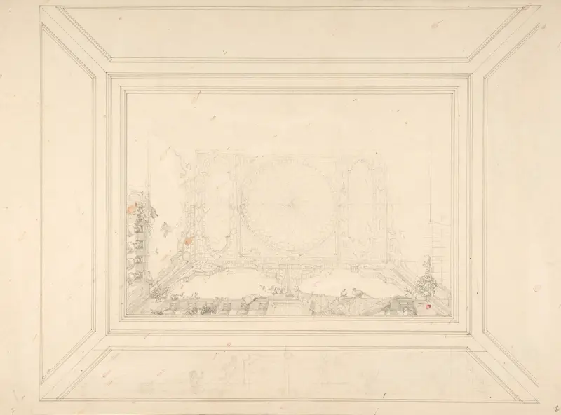 Takutsmyckning med spaljéverk och trompe l'œil-balustrad av Jules-Edmond-Charles Lachaise