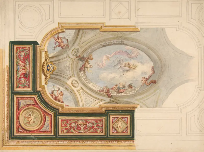 Design för tak i barockstil med mittpanel i trompe l’oeil av Jules-Edmond-Charles Lachaise