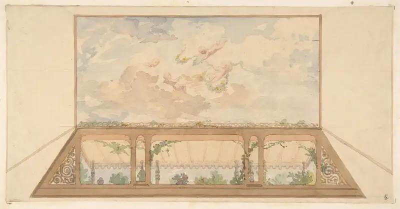Förlaga till takmålning med trompe l'oeil-markis och putti i moln (1800-talet) av Jules-Edmond-Charles Lachaise