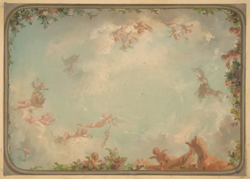 Design for a ceiling painted with putti in clouds with roses av Jules-Edmond-Charles Lachaise