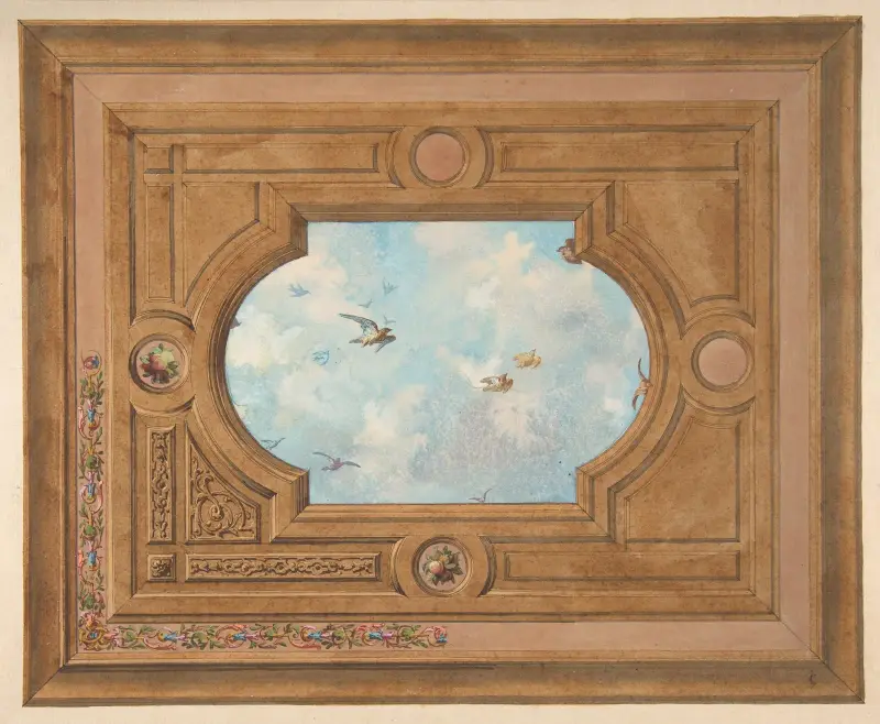 Takdekor med fåglar och trompe l'oeil-himmel av Jules-Edmond-Charles Lachaise