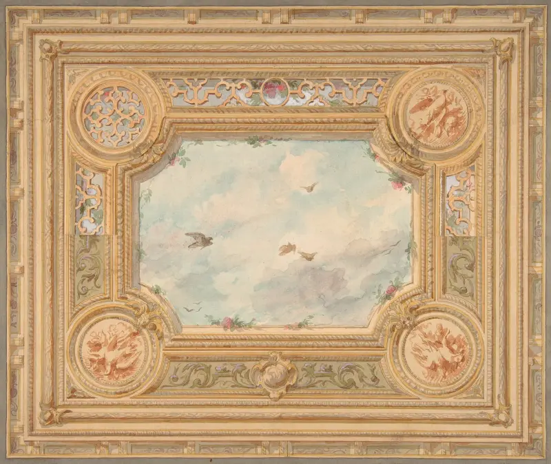 Design for a ceiling with four medallions and sky motif in center av Jules-Edmond-Charles Lachaise