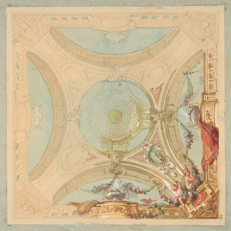 Design for a ceiling with garland bearing putti av Jules-Edmond-Charles Lachaise