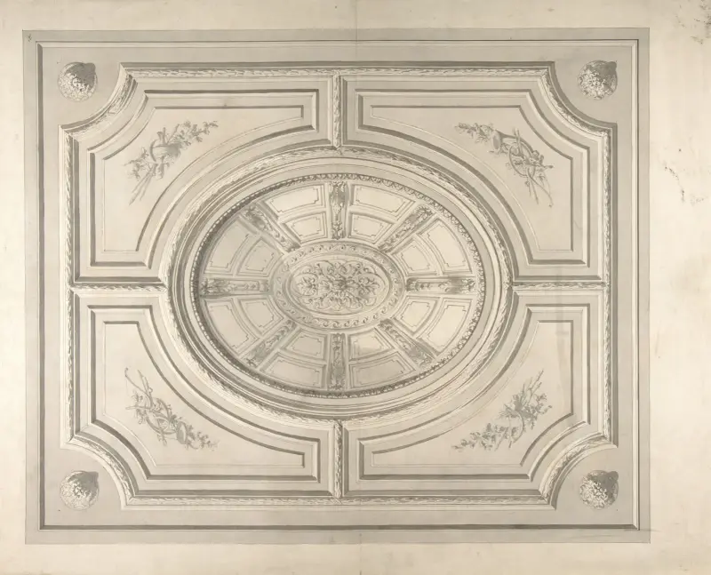 Takdekor med troféer och trompe l'oeil-kassetter av Jules-Edmond-Charles Lachaise