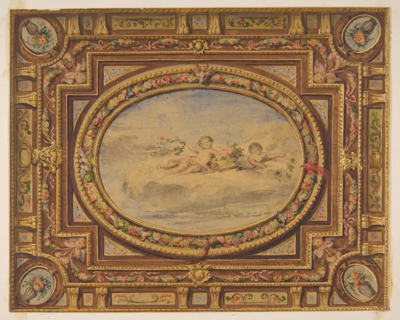 Design for a painted ceiling with putti on clouds in a central oval av Jules-Edmond-Charles Lachaise