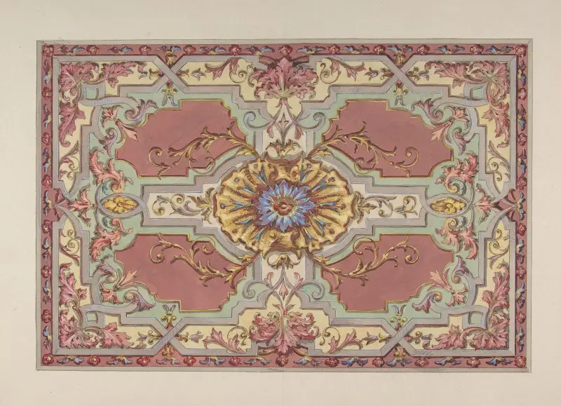 Design för ett målat tak med bandverk och lövverk på rosa botten av Jules-Edmond-Charles Lachaise