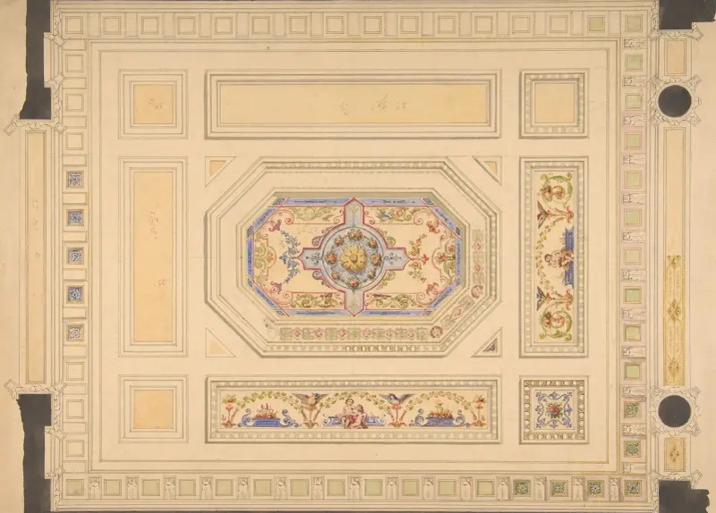 Entwurf für eine Kassettendecke mit Putten, Vögeln und Blumenmotiven – Nr. 2 von Jules-Edmond-Charles Lachaise