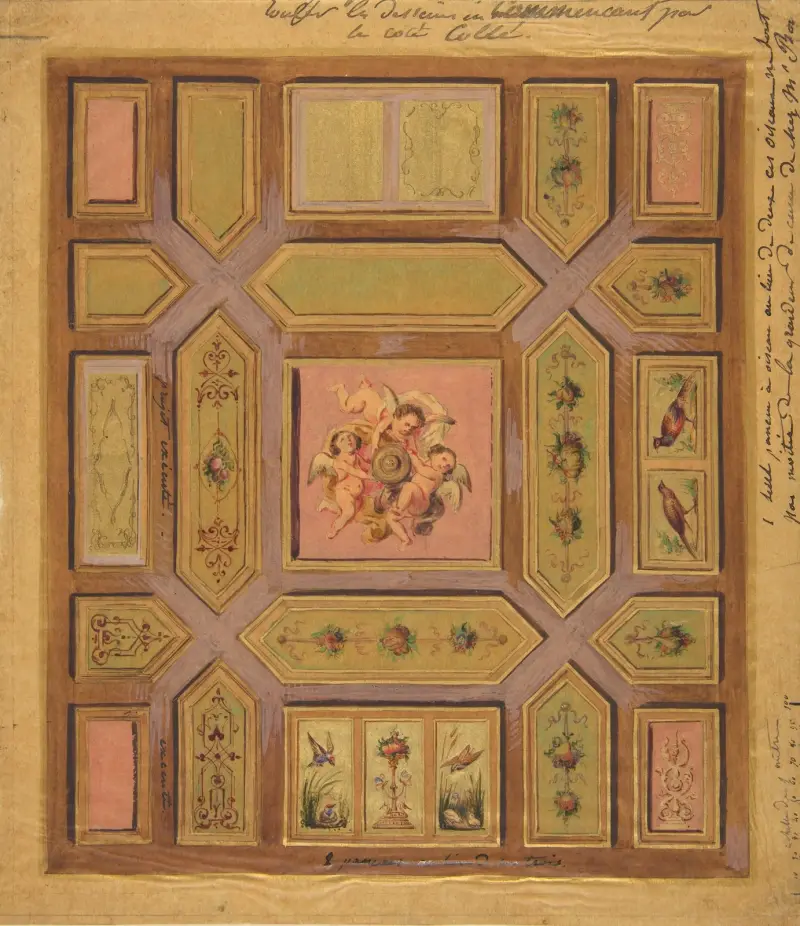 Design for a paneled ceiling painted with putti, birds, and floral motifs on tracing paper; mounted on wove paper av Jules-Edmond-Charles Lachaise