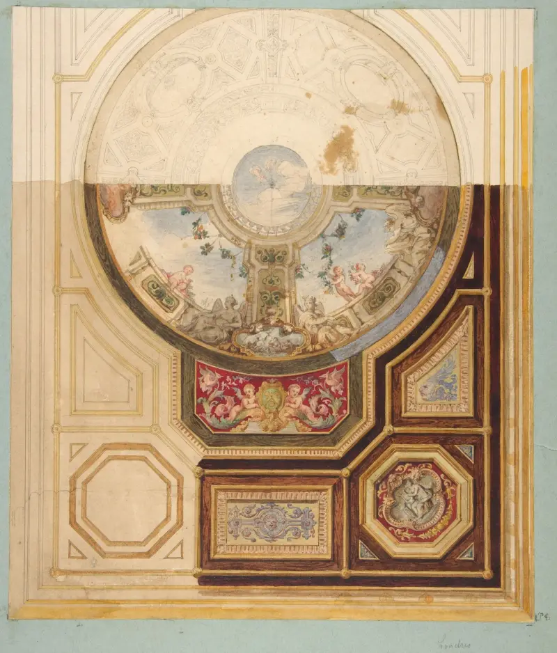 Design for a paneled ceiling with a trompe l’oeil dome in London av Jules-Edmond-Charles Lachaise