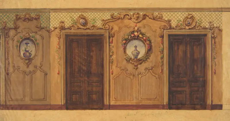 Design för ett rum med pardörrar dekorerade med frukt- och blomstergirlanger, rullverk och rutmönster av Jules-Edmond-Charles Lachaise