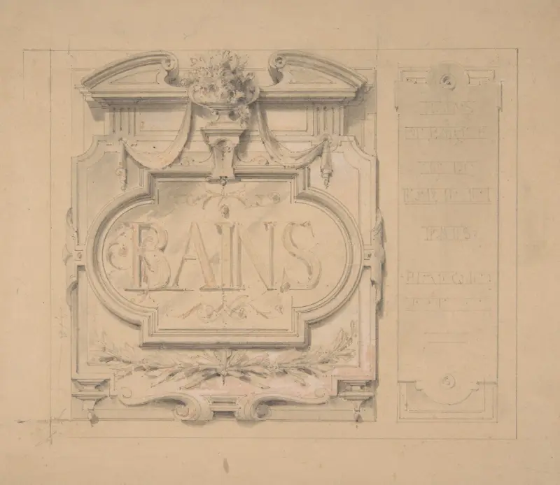 Formgivning för en ornamentplakett till ett badhus av Jules-Edmond-Charles Lachaise