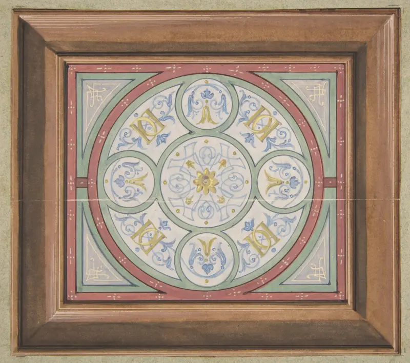 Design för målad takdekor med sammanflätade initialer; DD av Jules-Edmond-Charles Lachaise