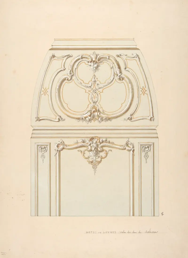 Design för rokokoinspirerad vägg- och takdekoration i salongen på Hôtel de Luynes, ägt av hertigen av Sabran (1800-tal) av Jules-Edmond-Charles Lachaise