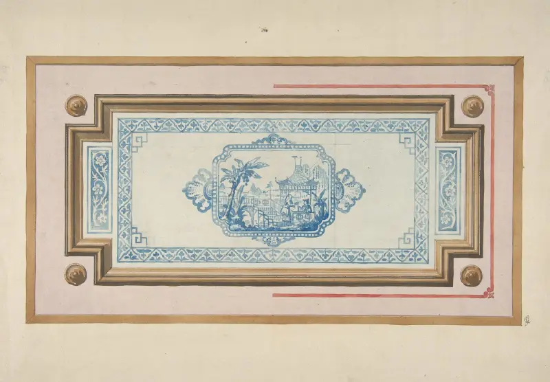 Design för takdekoration med kinesiskt blåvitt motiv av Jules-Edmond-Charles Lachaise