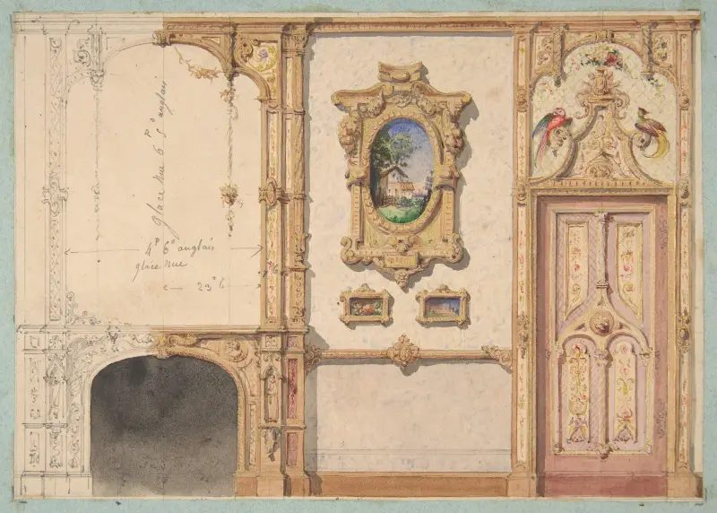 Design for the decoration of a wall punctuated by a fireplace and a door and hung with gold-framed pictures av Jules-Edmond-Charles Lachaise