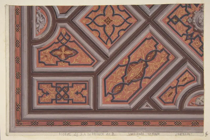Design för takdekoration i vestibulen (första våningen), Hôtel de S. A. le Prince de P av Jules-Edmond-Charles Lachaise