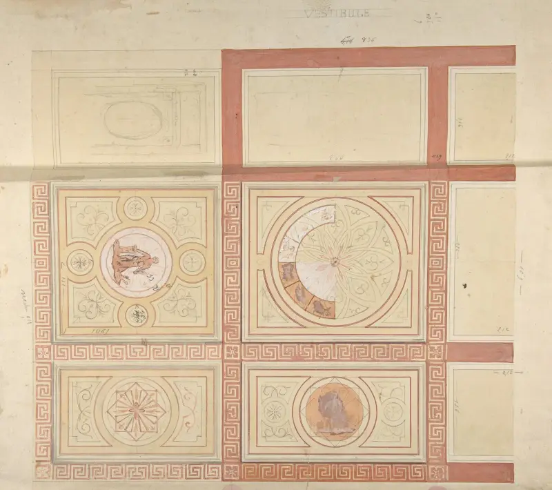 Design för dekor av vestibultak i målade paneler med romerska hörnband av Jules-Edmond-Charles Lachaise