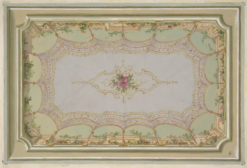 Design för målad takdekor med trompe l'oeil-baldakin och rosor av Jules-Edmond-Charles Lachaise