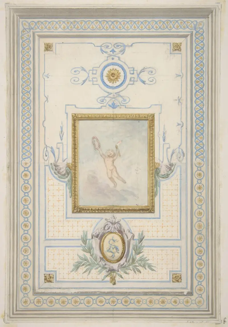 Design för målad takdekor med monogrammet AS av Jules-Edmond-Charles Lachaise