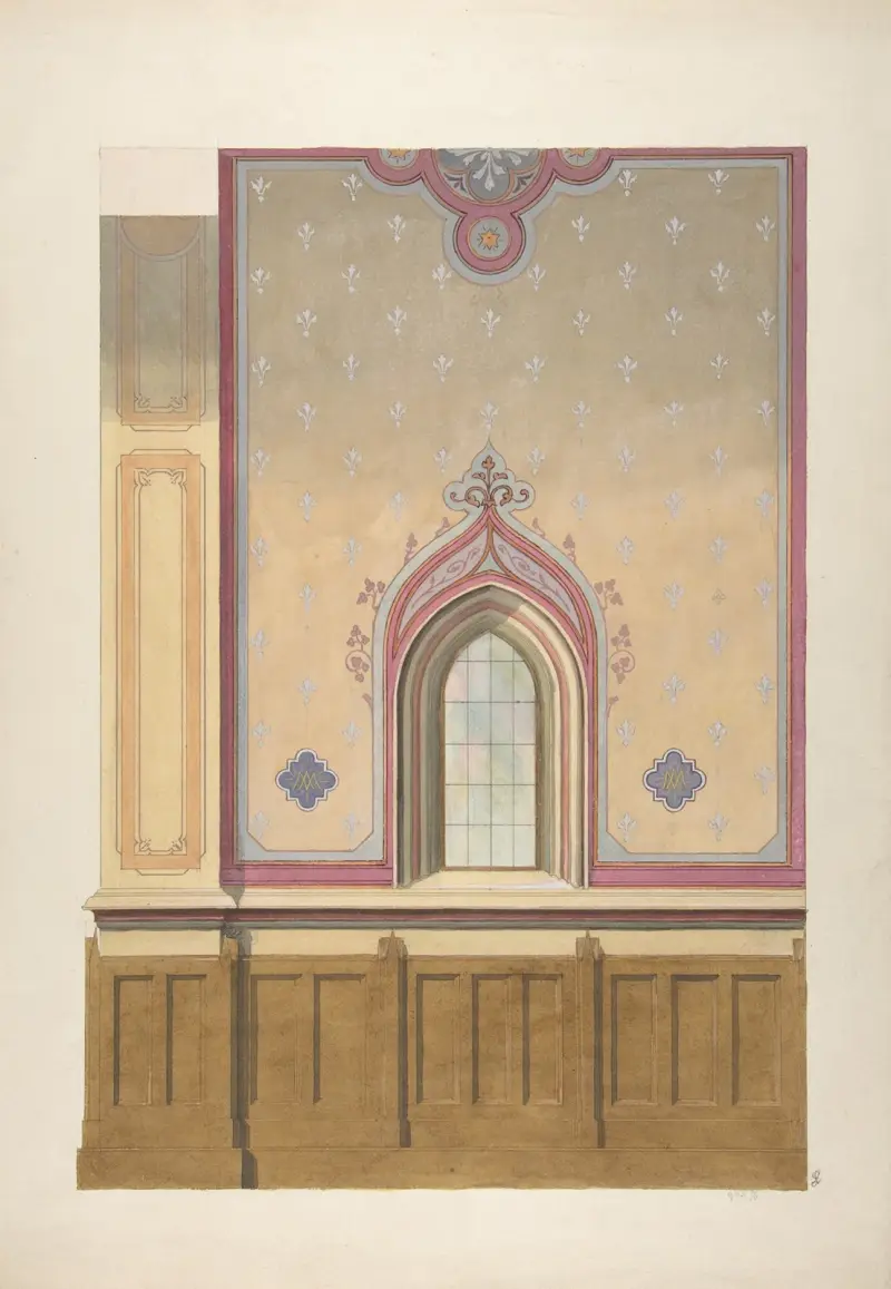 Design för målad väggdekor med välvd fönsteröppning av Jules-Edmond-Charles Lachaise