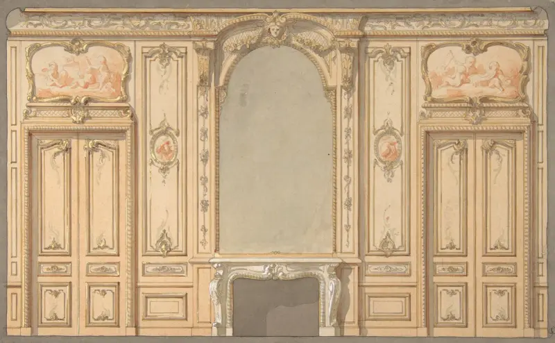 Förlaga till väggpaneler, spegel och spiskåpa (1800-talet) av Jules-Edmond-Charles Lachaise