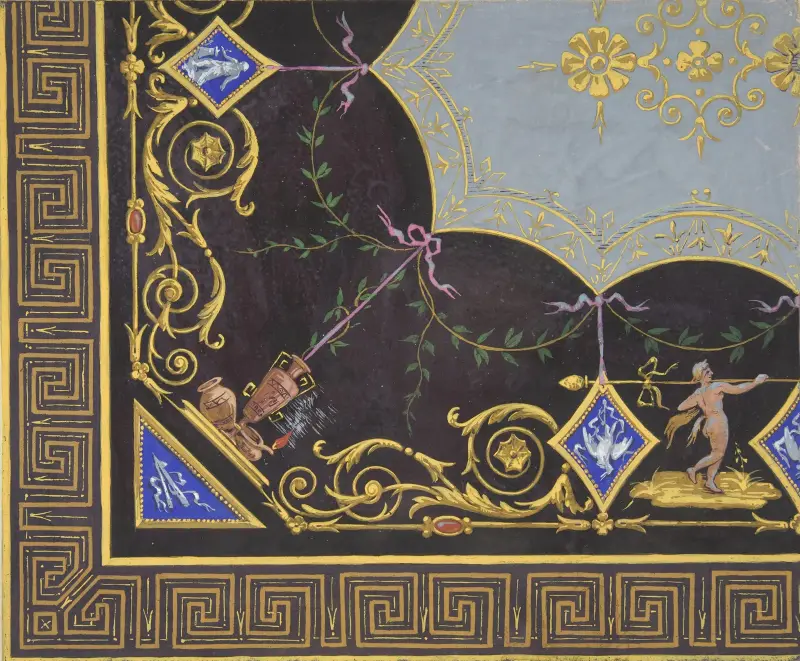 Mönster för tapet med romersk nyckelbård, rinceaux och medaljonger av Jules-Edmond-Charles Lachaise