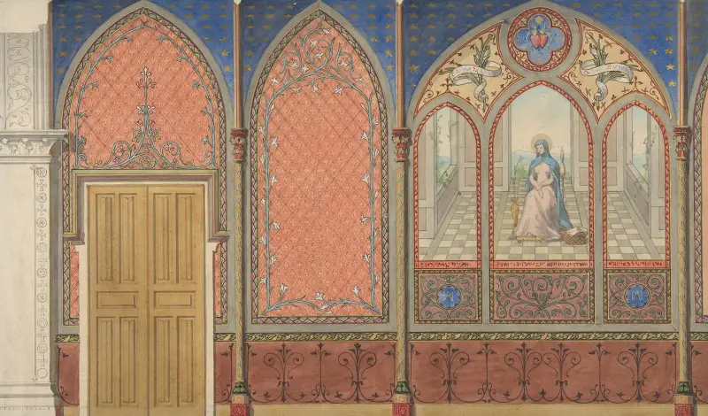 Uppställning av en kyrka eller kapell med ornament och en målad triptyk av Jungfru Maria av Jules-Edmond-Charles Lachaise