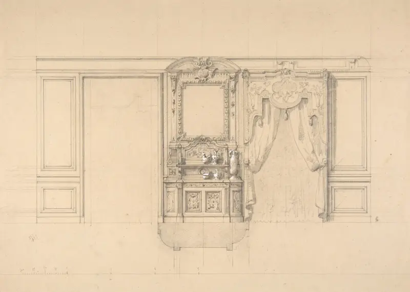 Innenansicht mit geschnitzter Anrichte und Fenstervorhängen von Jules-Edmond-Charles Lachaise