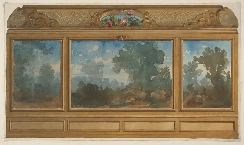 Uppställning av ett panelerat interiör med målade landskap och valv med kartuscher och blommor av Jules-Edmond-Charles Lachaise