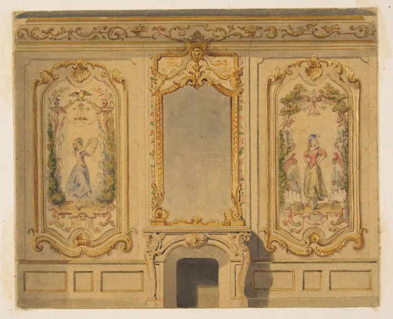 Elevation of an interior wall decorated with a chimney piece surmouted by a mirror and flanked with painted panels av Jules-Edmond-Charles Lachaise