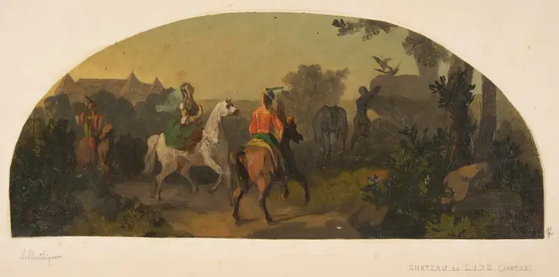 Väggmålning med ryttare i landskap för en lunett i biblioteket på Château de Lude (Sarthe) av Jules-Edmond-Charles Lachaise