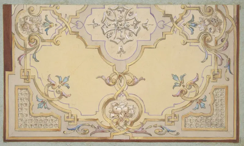 Delvis design för takdekoration med rullverk och fruktgirlanger av Jules-Edmond-Charles Lachaise