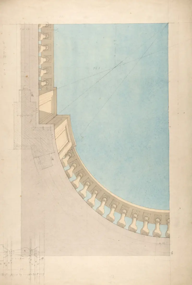 Perspektivstudie för en fjärdedel av en takutsmyckning med trompe l'oeil-balustrad av Jules-Edmond-Charles Lachaise