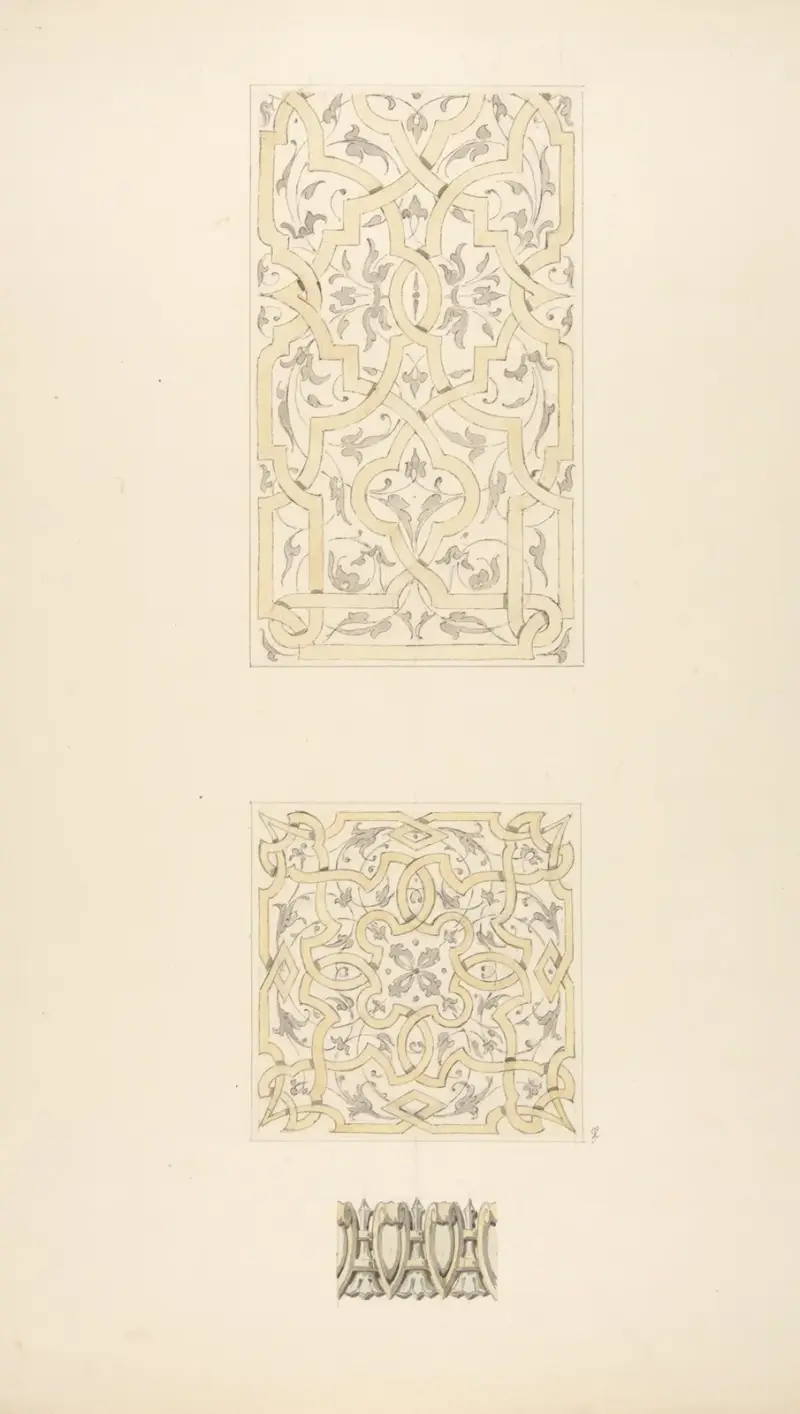 Tre mönster för dekorativa motiv i bandverk, rinceaux och äggstav av Jules-Edmond-Charles Lachaise