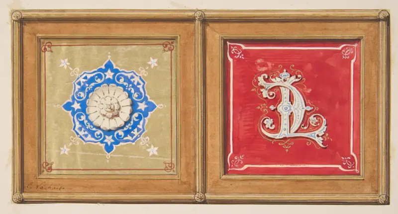 Två alternativa utformningar för målad dekoration av en panel (en med de sammanflätade initialerna CL) av Jules-Edmond-Charles Lachaise