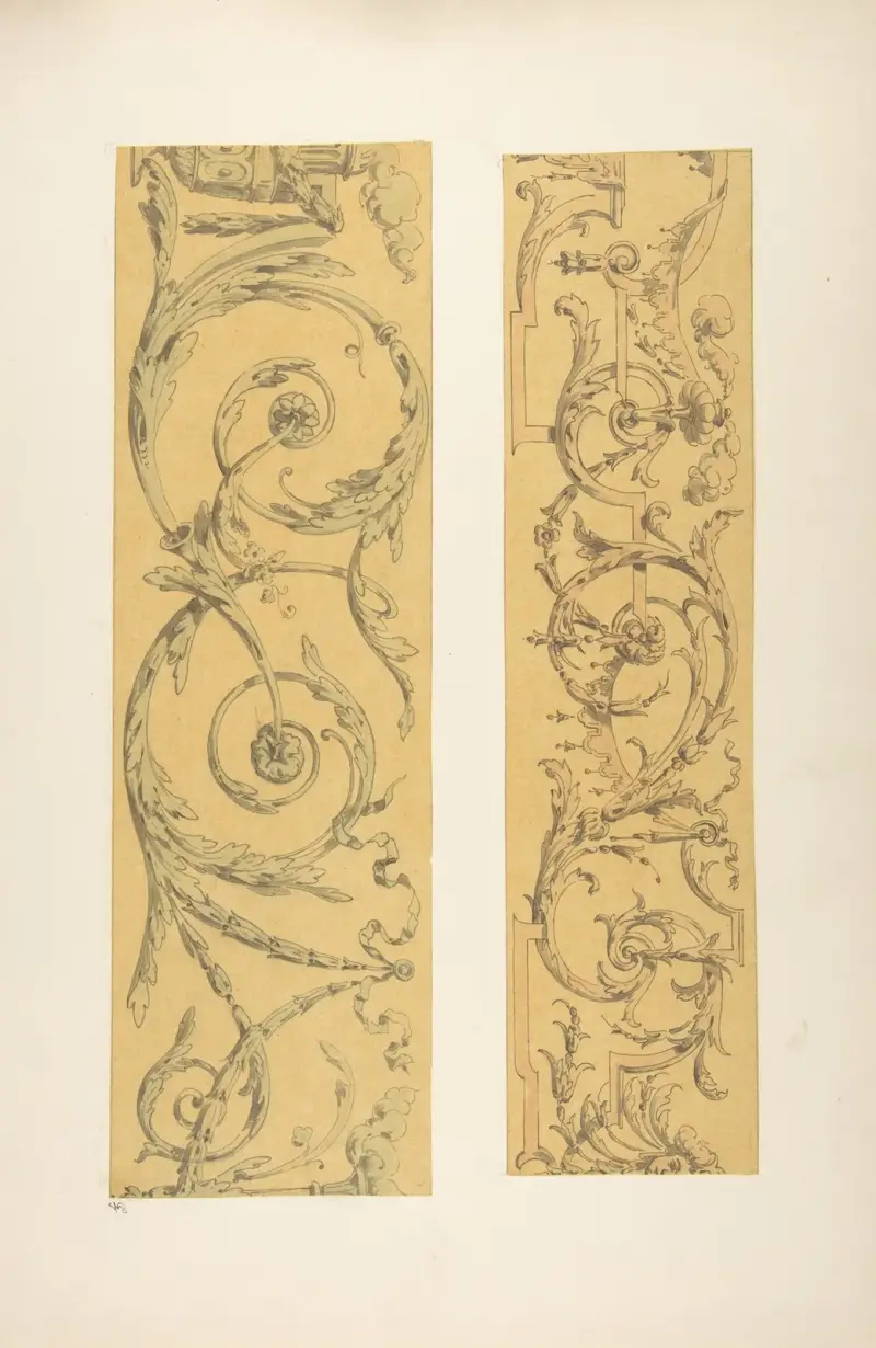 Två förlagor för dekorativa bårder i bandverk och rinceaux av Jules-Edmond-Charles Lachaise