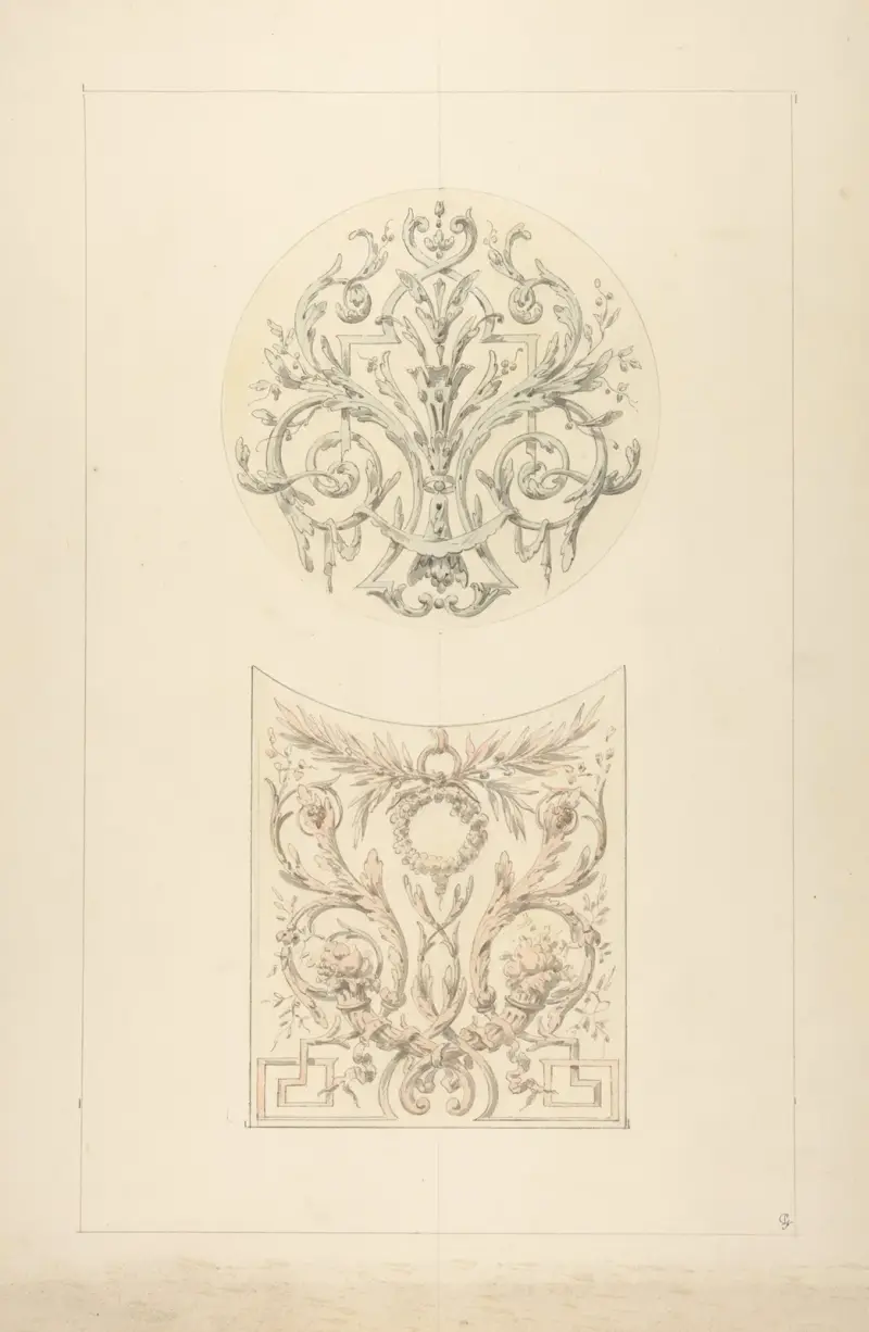 Två utkast till dekorativa motiv med ymnighetshorn och rinceaux av Jules-Edmond-Charles Lachaise