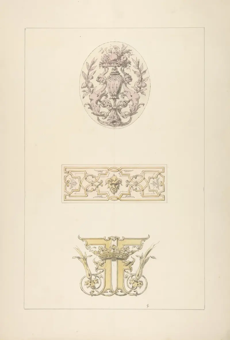 Två förlagor till dekorativa paneler och en förlaga till ett ornamentalt monogram med krona och initialerna FF av Jules-Edmond-Charles Lachaise