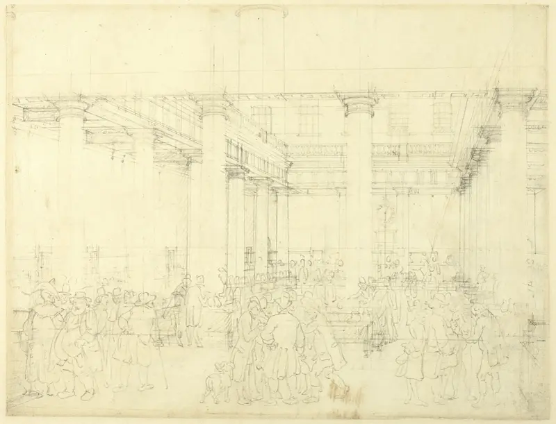 Study for Corn Exchange, Mark Lane, from Microcosm of London av Augustus Charles Pugin
