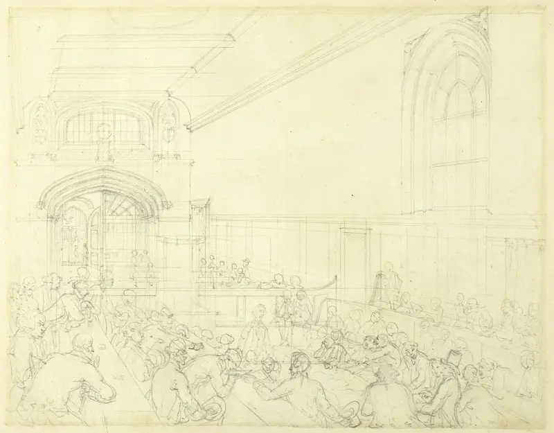 Studie zum Guildhall, Prüfung eines Bankrotteurs vor seinen Gläubigern, aus Microcosm of London von Augustus Charles Pugin