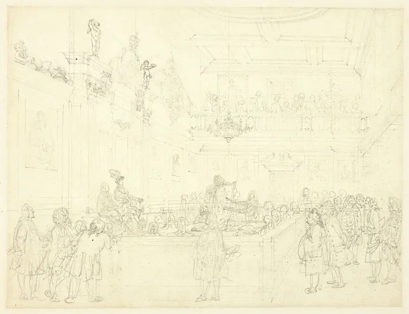 Study for Herald’s College, The Hall, from Microcosm of London av Augustus Charles Pugin