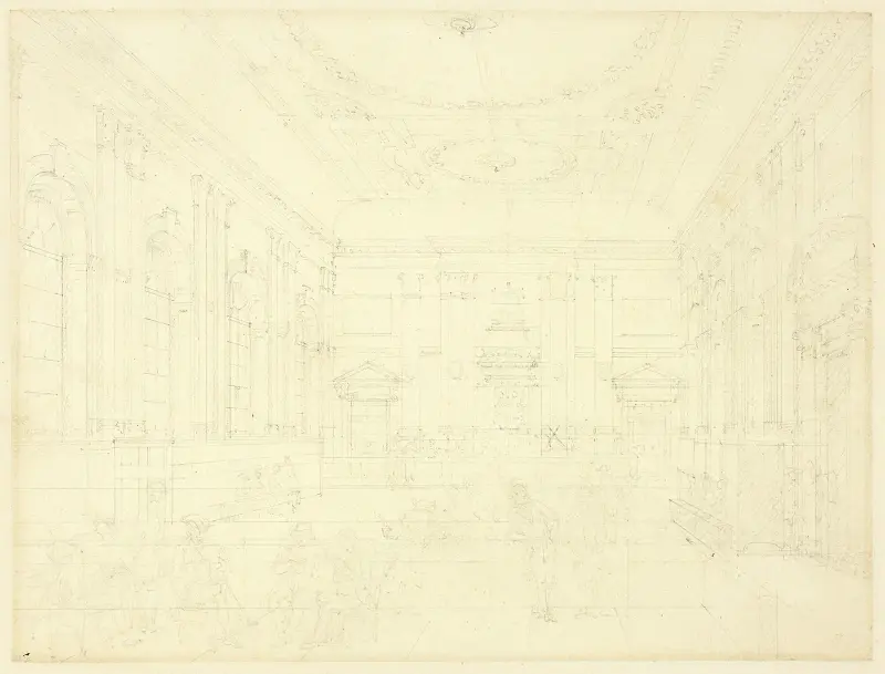 Study for South Sea House, Dividend Hall, from Microcosm of London av Augustus Charles Pugin