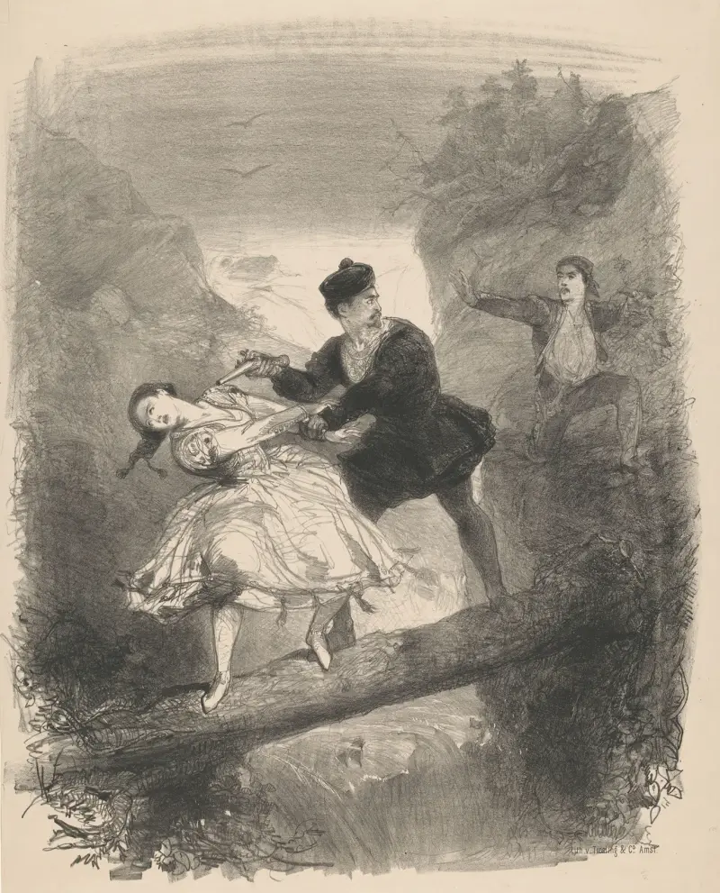 Ballet scene featuring a man and a woman standing above an abyss av Charles Rochussen